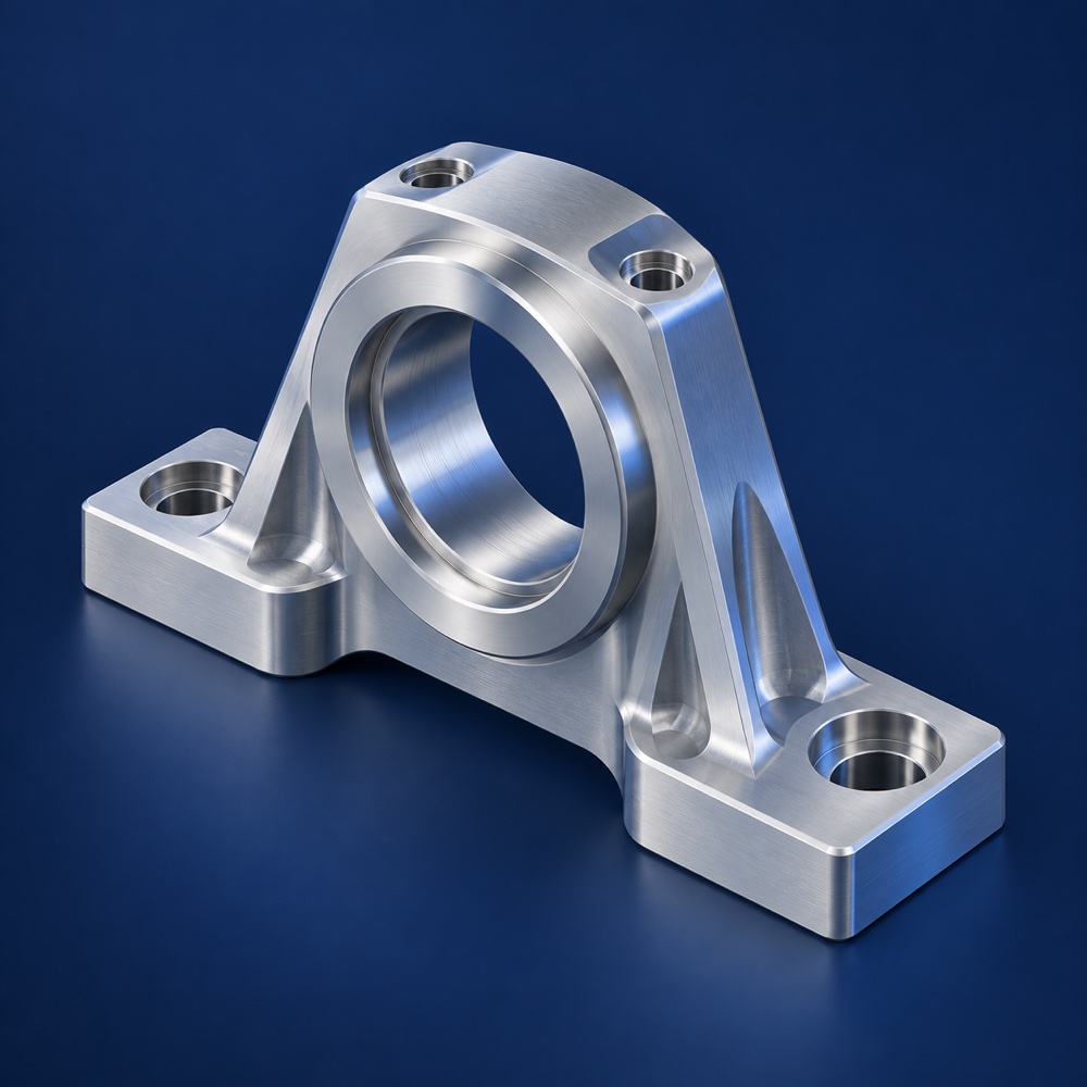 Ilustración CAD de un soporte de rodamiento mecanizado en aluminio